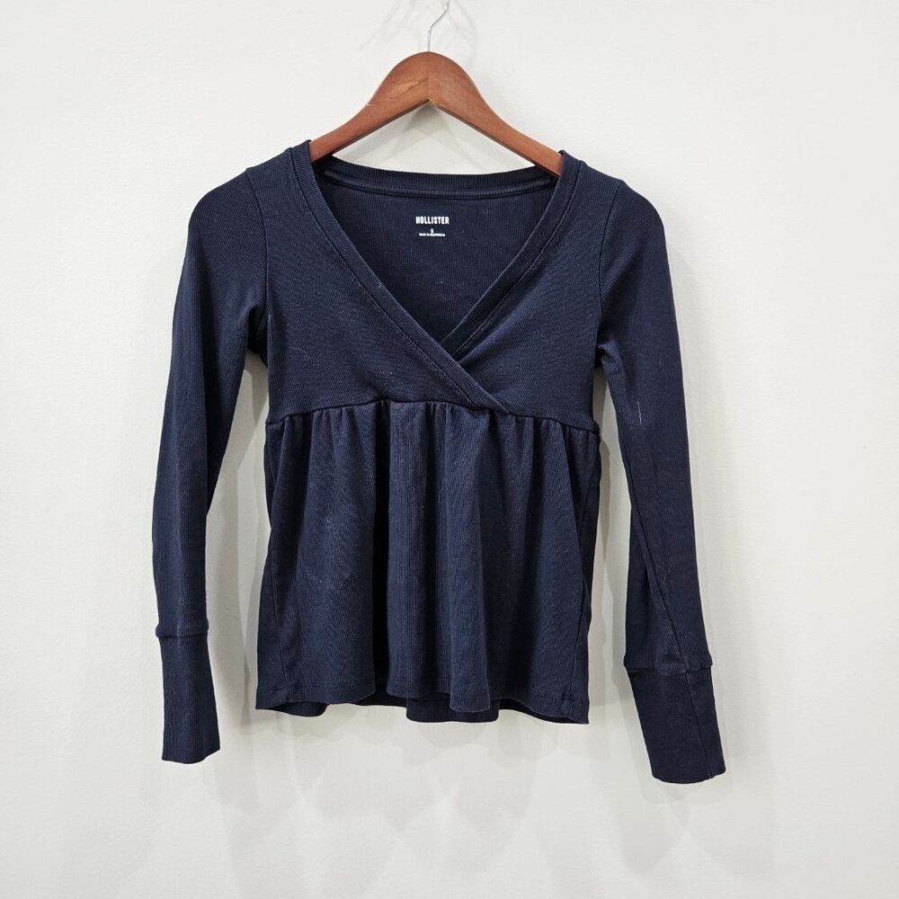 Hollister Womens S Navy Blue Ribbed Surplice V-Neck Babydoll Peplum Long Sleeve